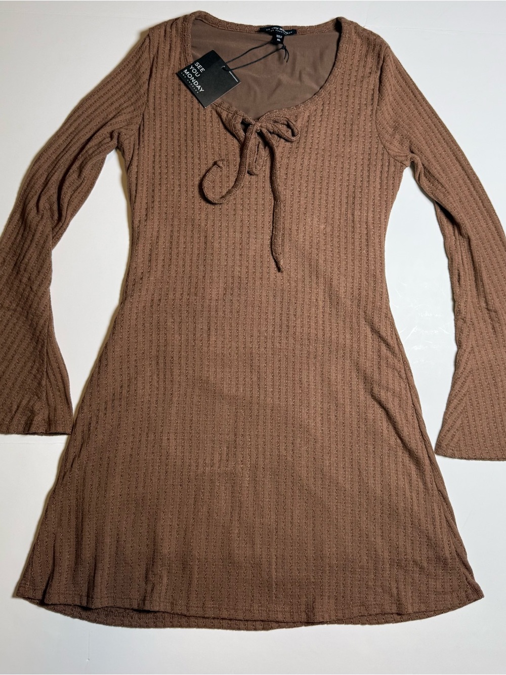 See You Monday Brown Ribbed Knit Mini Dress XL Tie Front Flare Sleeve Boho NWT